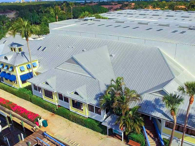 Top view of commercial building with a gray metal roof